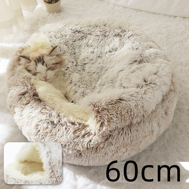 Pet Bed Round Plush Warm Bed House Soft Long Plush Bed  2 In 1 Bed