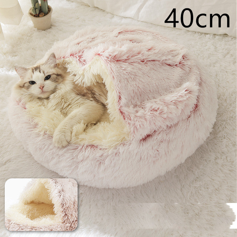 Pet Bed Round Plush Warm Bed House Soft Long Plush Bed  2 In 1 Bed