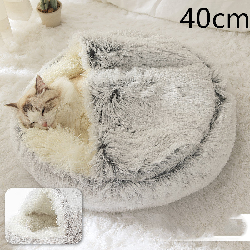 Pet Bed Round Plush Warm Bed House Soft Long Plush Bed  2 In 1 Bed