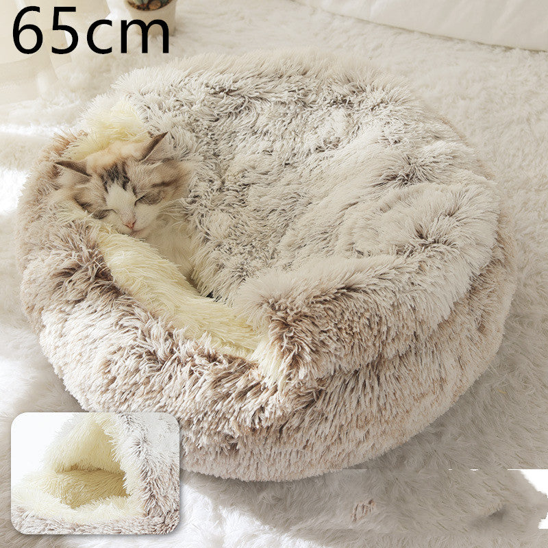 Pet Bed Round Plush Warm Bed House Soft Long Plush Bed  2 In 1 Bed