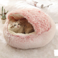 Pet Bed Round Plush Warm Bed House Soft Long Plush Bed  2 In 1 Bed