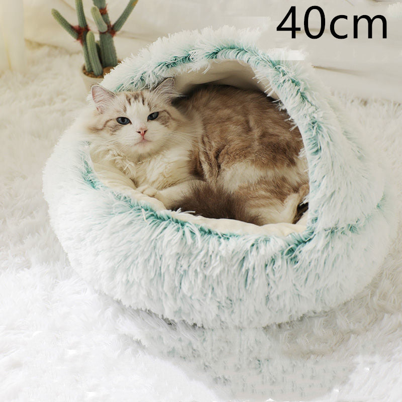 Pet Bed Round Plush Warm Bed House Soft Long Plush Bed  2 In 1 Bed