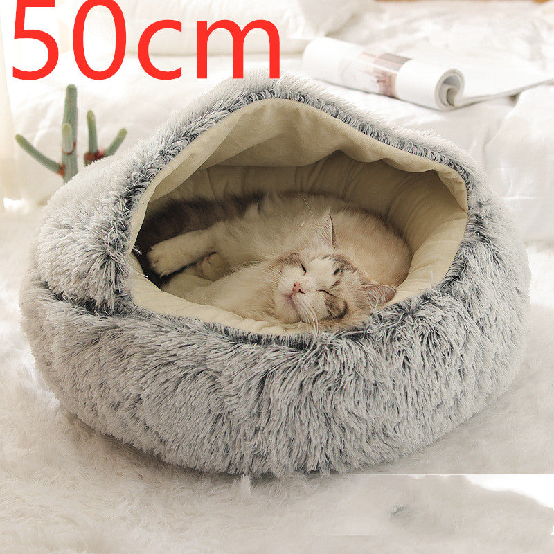 Pet Bed Round Plush Warm Bed House Soft Long Plush Bed  2 In 1 Bed