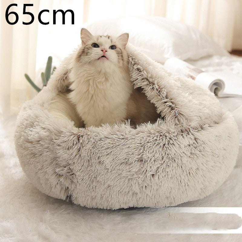 Pet Bed Round Plush Warm Bed House Soft Long Plush Bed  2 In 1 Bed