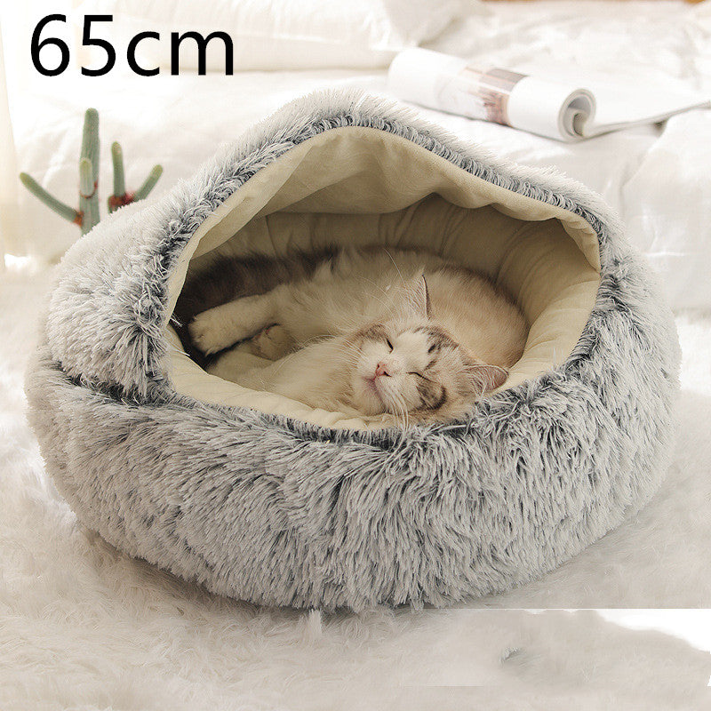 Pet Bed Round Plush Warm Bed House Soft Long Plush Bed  2 In 1 Bed