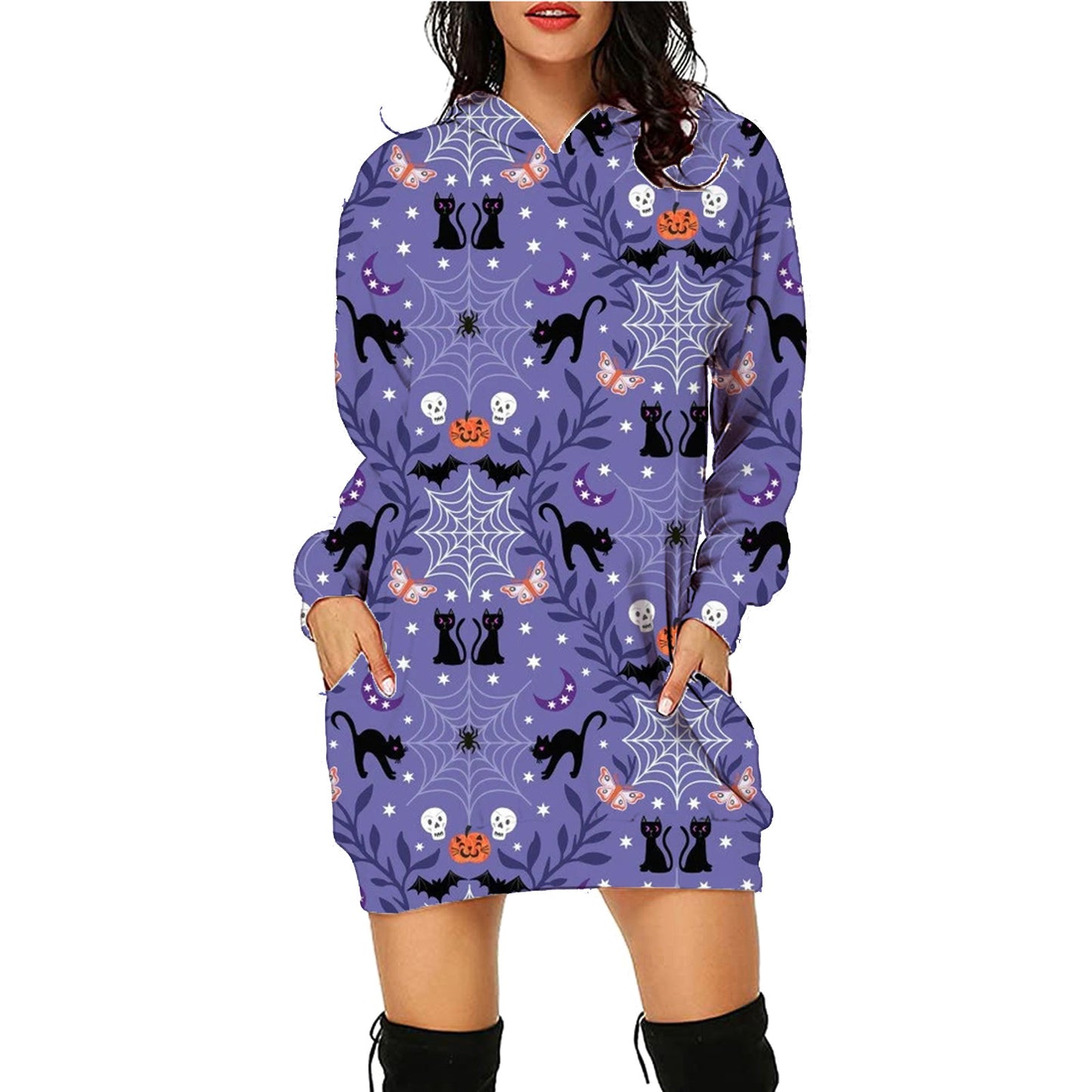 Halloween Print Long Hoodie With Pockets Sweater Long Sleeve Clothes Women