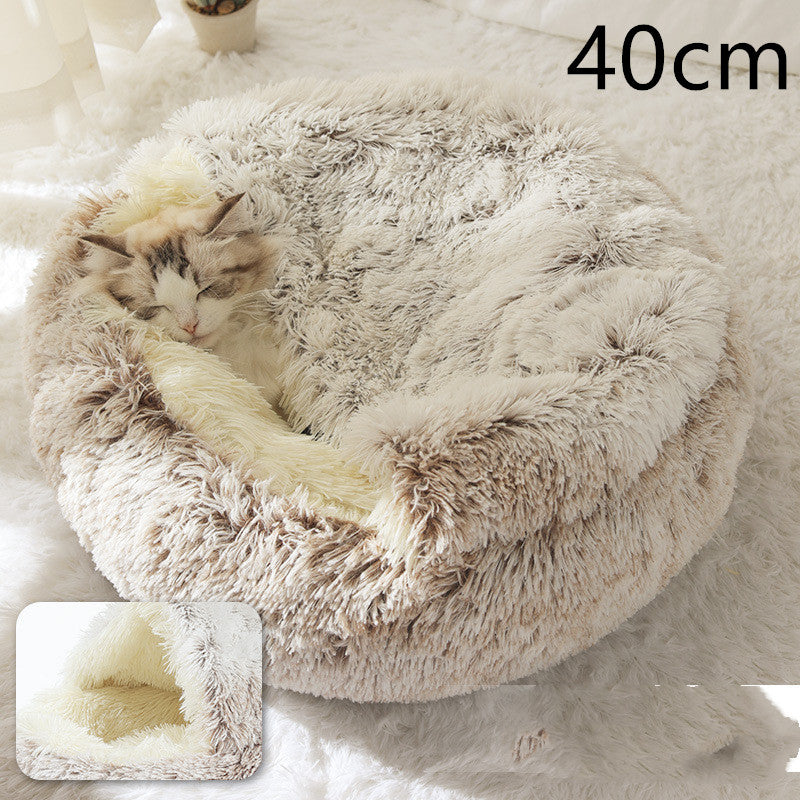 Pet Bed Round Plush Warm Bed House Soft Long Plush Bed  2 In 1 Bed