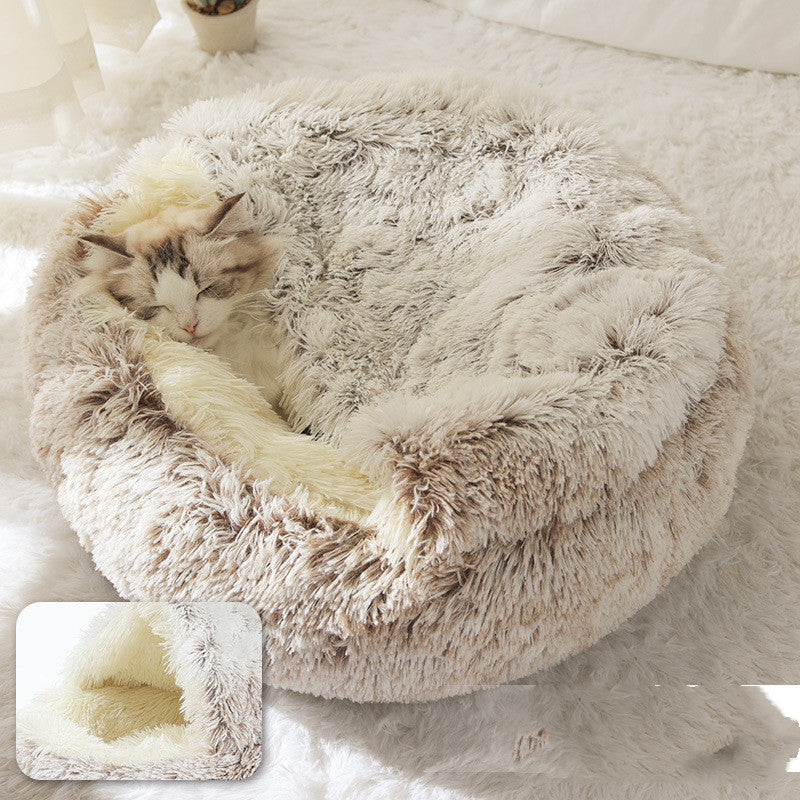 Pet Bed Round Plush Warm Bed House Soft Long Plush Bed  2 In 1 Bed