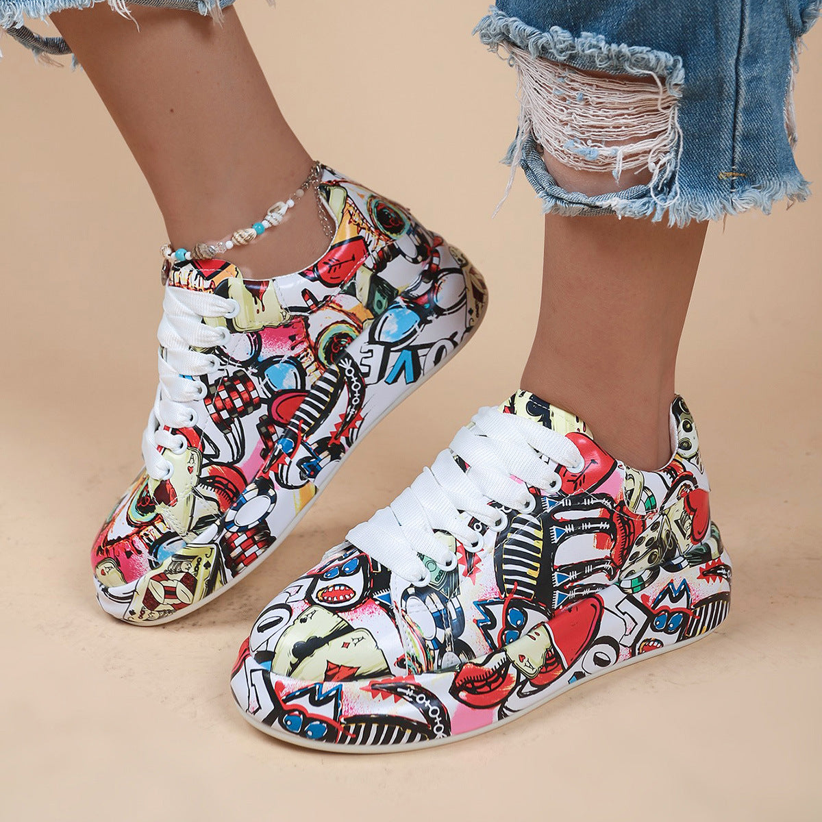 Halloween Cartoon Print Flats Fashion Graffiti Flats Shoes Platform Lace-up Round Toe Sports Shoes