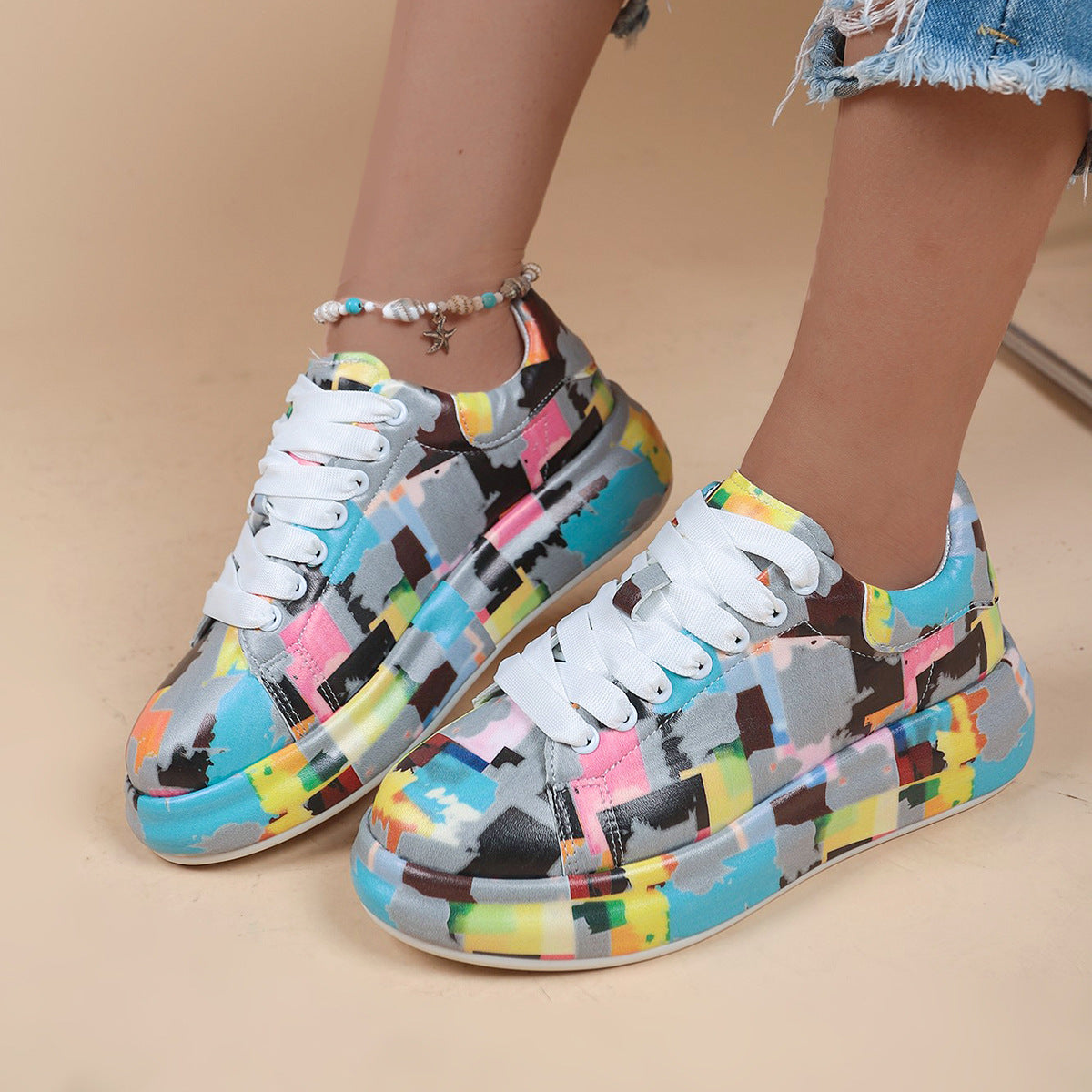 Halloween Cartoon Print Flats Fashion Graffiti Flats Shoes Platform Lace-up Round Toe Sports Shoes