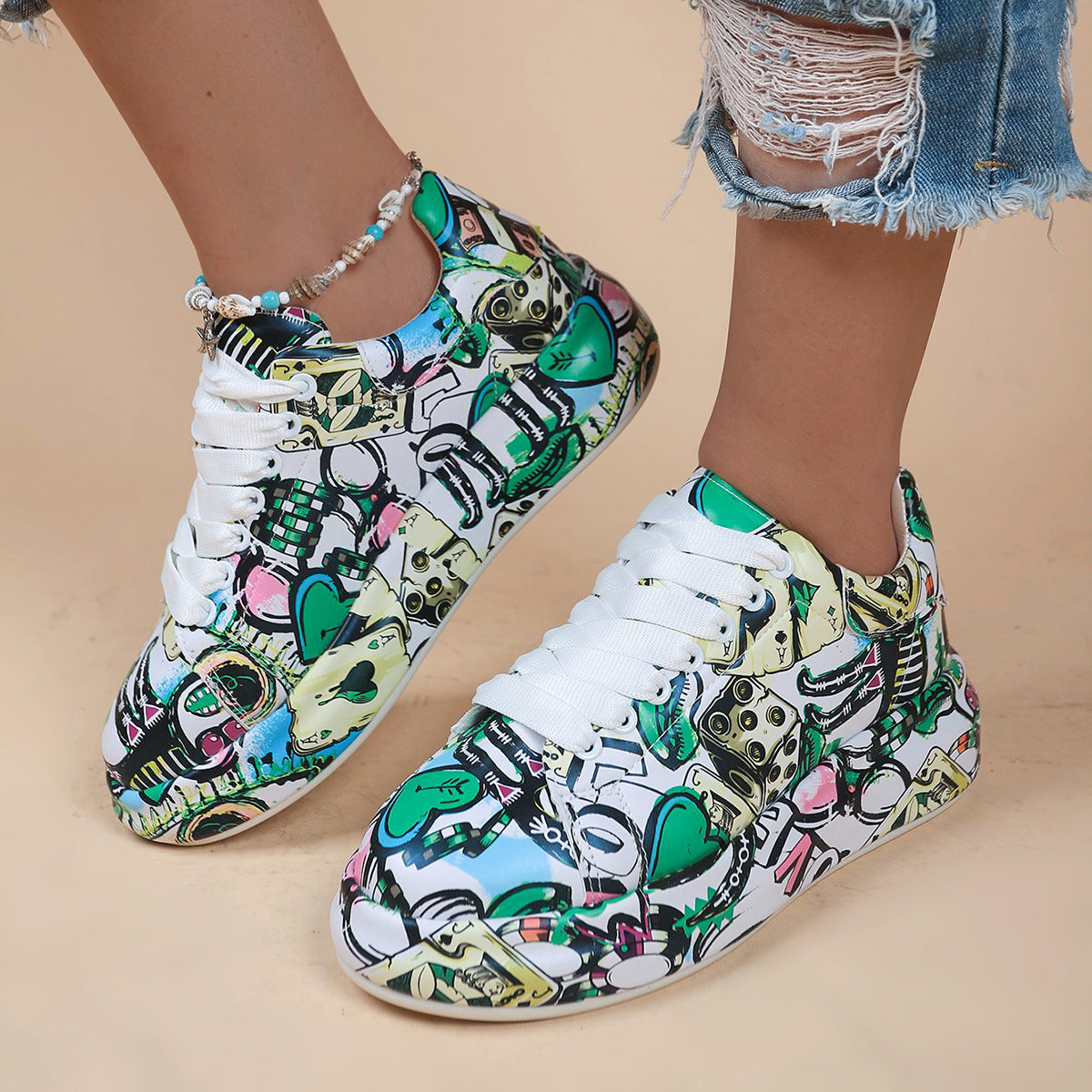 Halloween Cartoon Print Flats Fashion Graffiti Flats Shoes Platform Lace-up Round Toe Sports Shoes