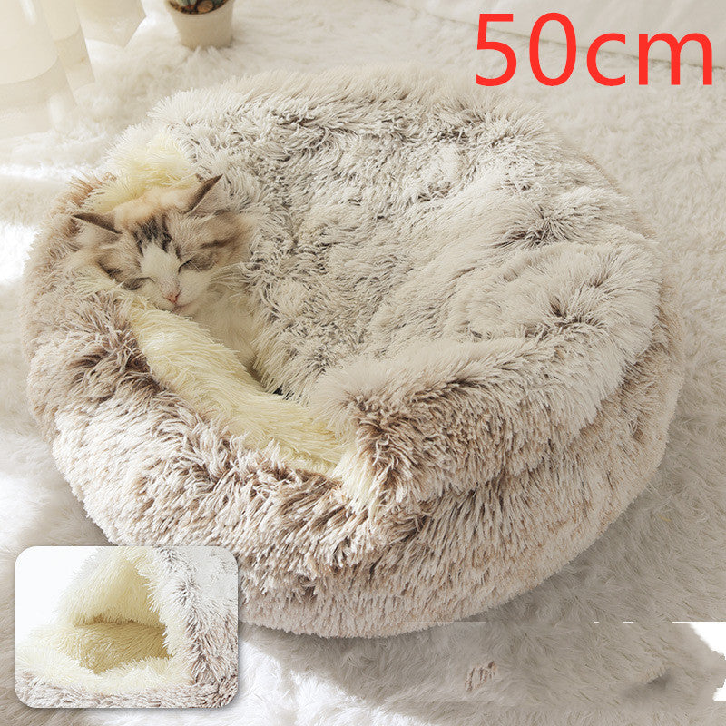 Pet Bed Round Plush Warm Bed House Soft Long Plush Bed  2 In 1 Bed