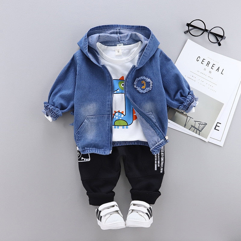 New denim three-piece set for children and babies 0-4 years old