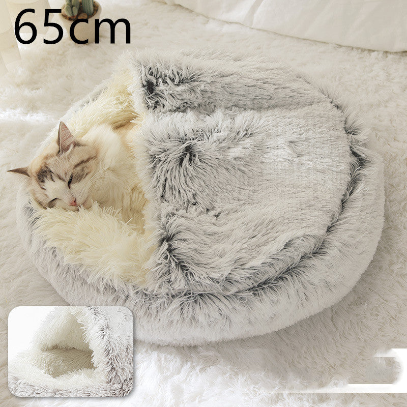 Pet Bed Round Plush Warm Bed House Soft Long Plush Bed  2 In 1 Bed