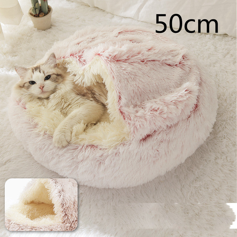 Pet Bed Round Plush Warm Bed House Soft Long Plush Bed  2 In 1 Bed