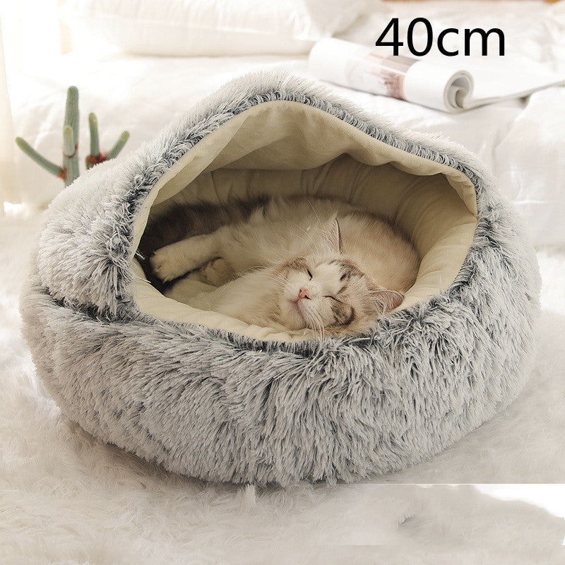 Pet Bed Round Plush Warm Bed House Soft Long Plush Bed  2 In 1 Bed