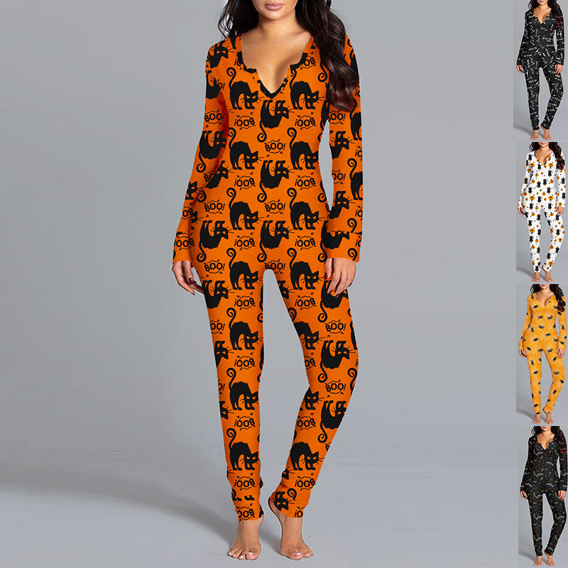 Halloween Printed Jumpsuit Long Sleeve Home Pajamas Casual Trousers Women's Cos Clothing